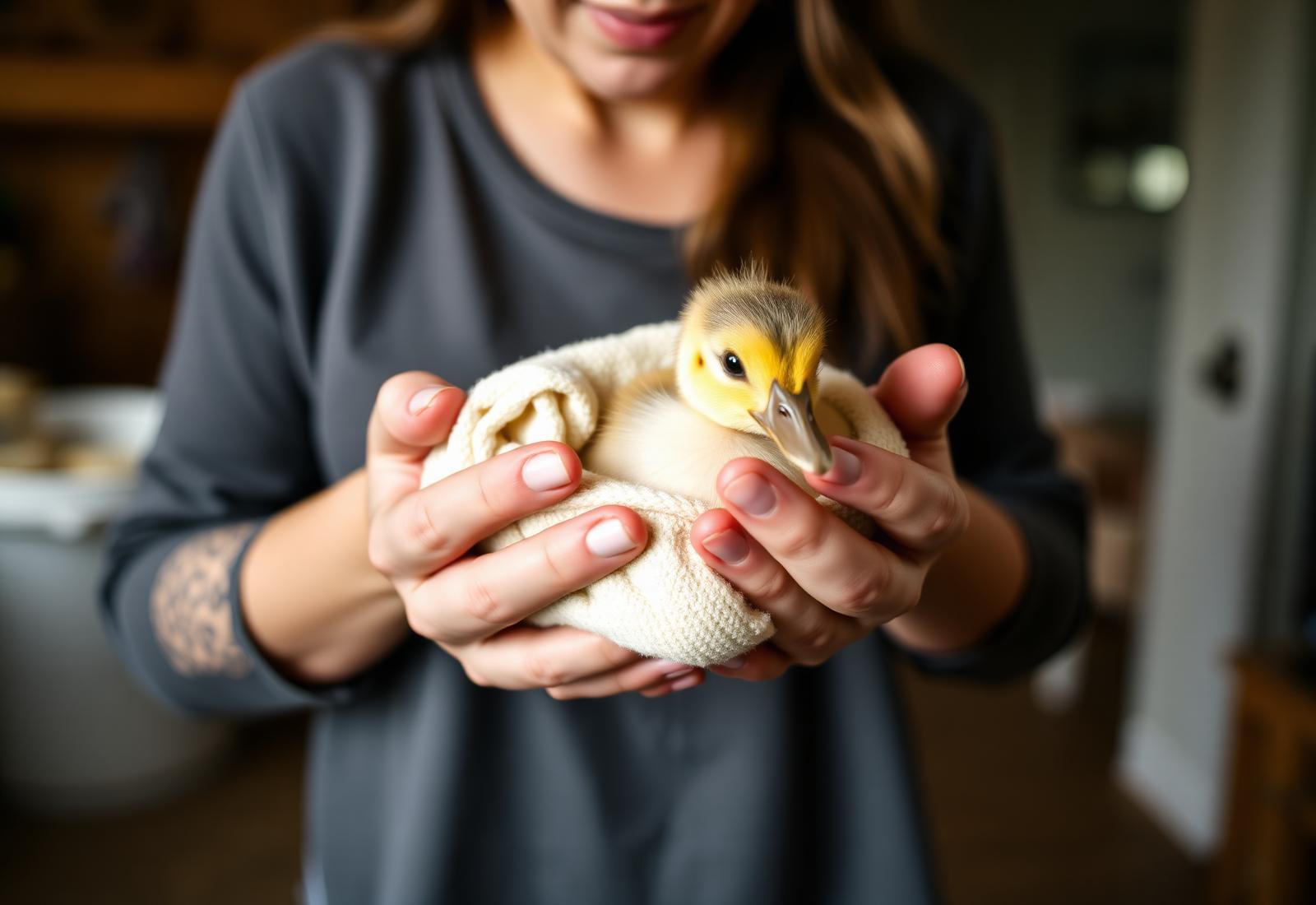 Hands gently cradling a rescued duckling